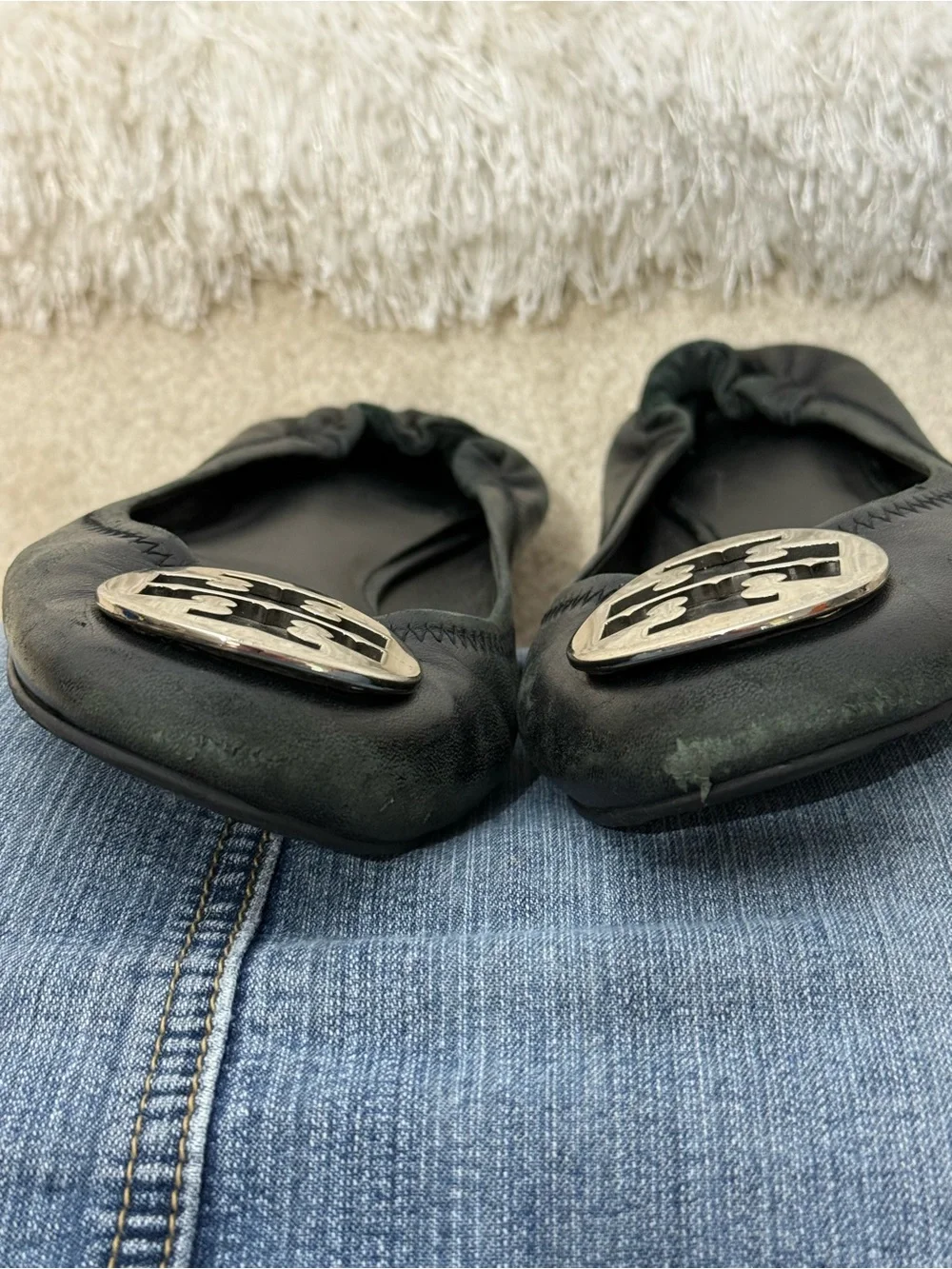 Tory Burch Reva ballet flats black leather with silver logo 9.5